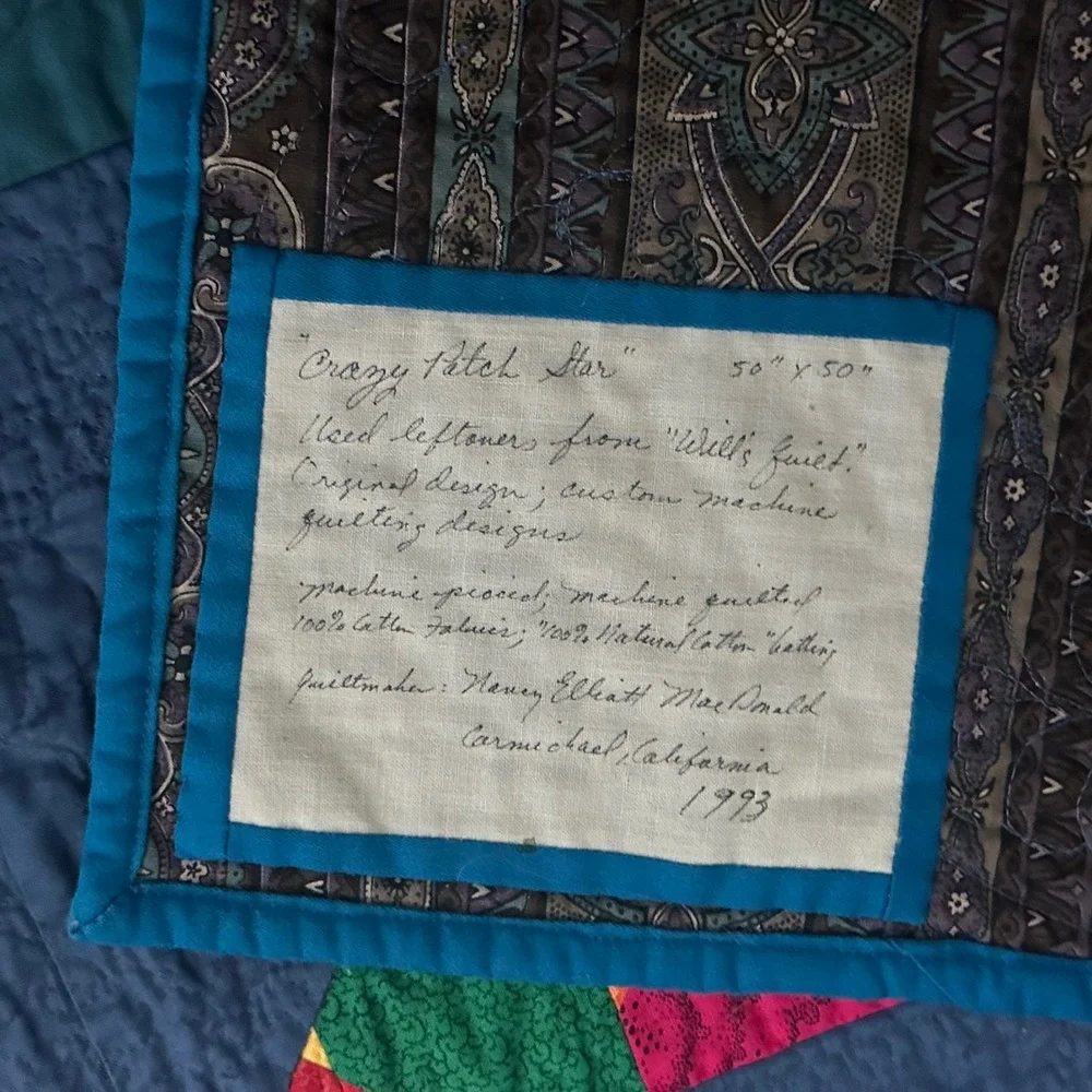 Signed Vintage 1993 Nancy Elliott MacDonald Crazy Patch Star Quilt 50x50 Cotton